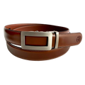 Brown leather dress ratchet belt with gunmetal frame buckle, front view