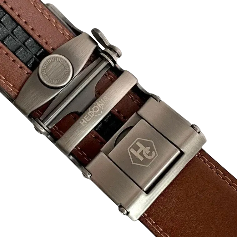 Brown leather dress ratchet belt with gunmetal frame buckle, hardware close-up