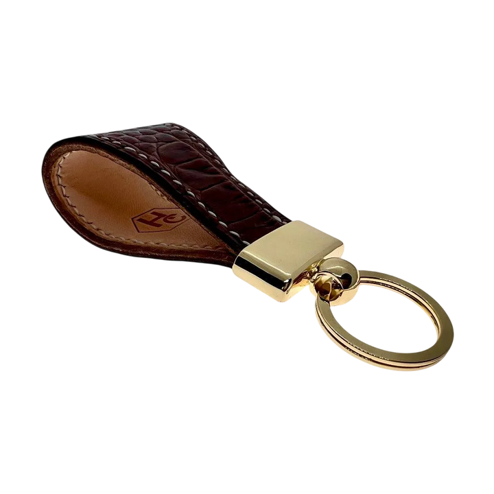 Brown leather key chain, full grain leather, angled view