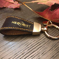 Brown leather key chain with tag, full grain leather, front view