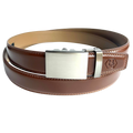 Brown leather ratchet belt with brushed silver plate buckle, 1.38 inch, by Hedonist Chicago