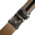 Brown leather ratchet belt with brushed silver plate buckle, 1.38 inch, by Hedonist Chicago