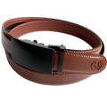 Brown leather ratchet belt with black plate buckle, buckle detail close-up