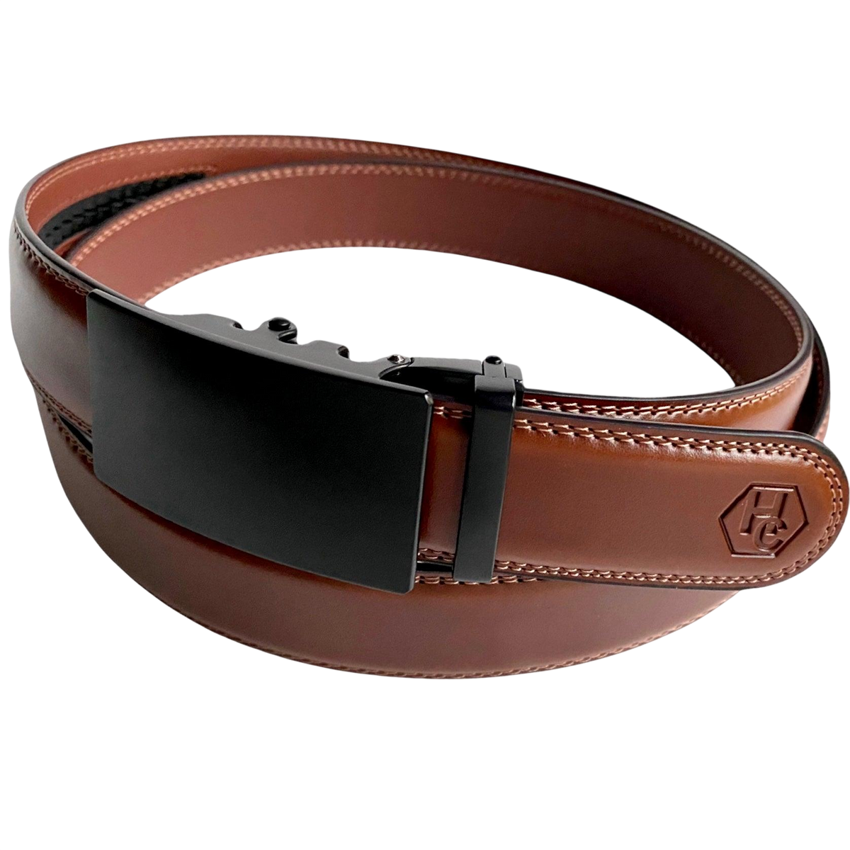 Brown leather ratchet belt with black plate buckle, buckle detail close-up