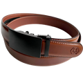 Brown leather ratchet belt with black plate buckle, buckle detail close-up