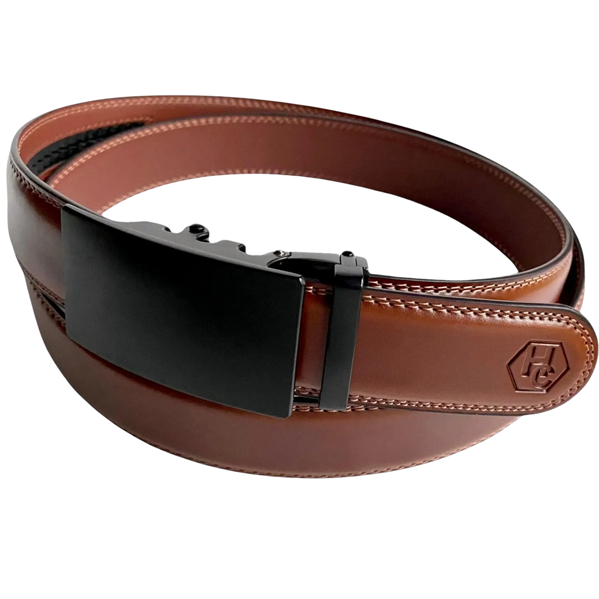 Brown leather ratchet belt with black plate buckle, buckle detail close-up