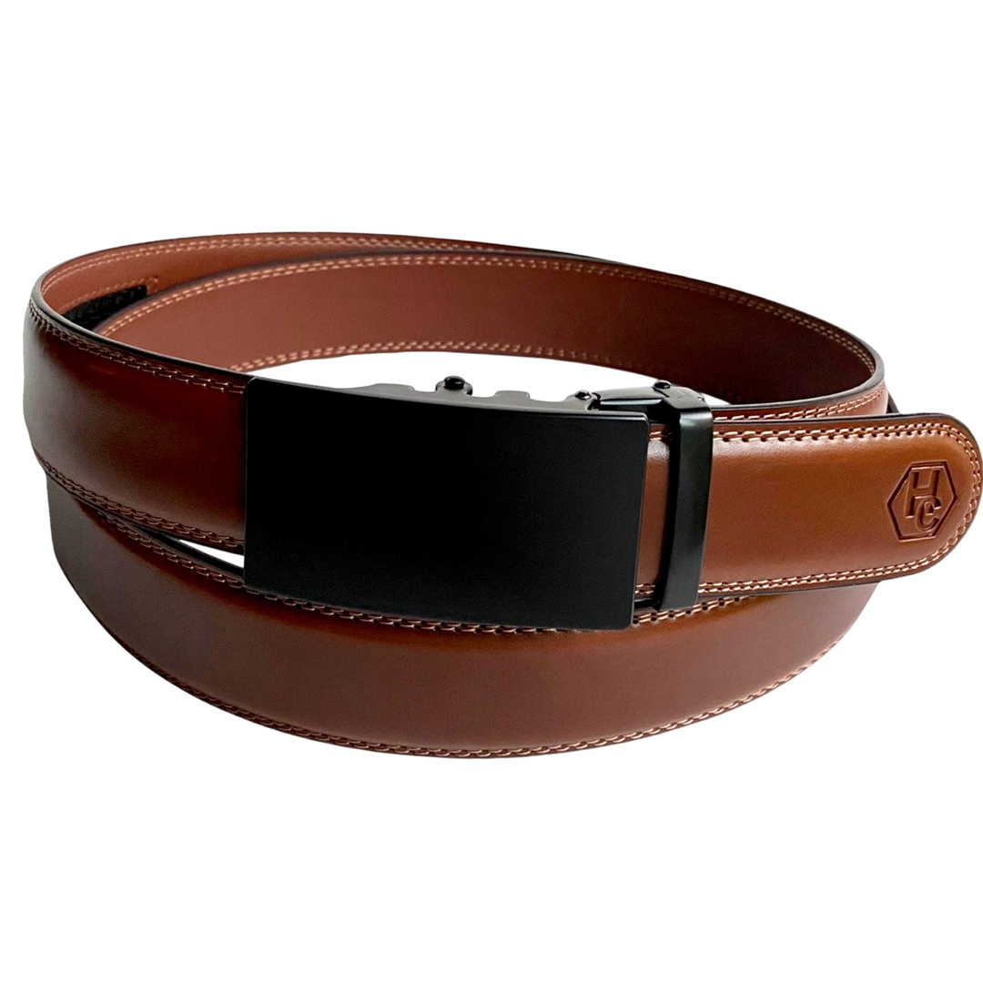 Brown leather ratchet belt with black plate buckle, front view