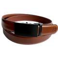 Brown leather ratchet belt with black plate buckle, front view