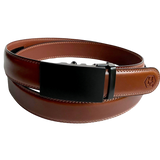 Brown leather ratchet belt with black plate buckle, front view