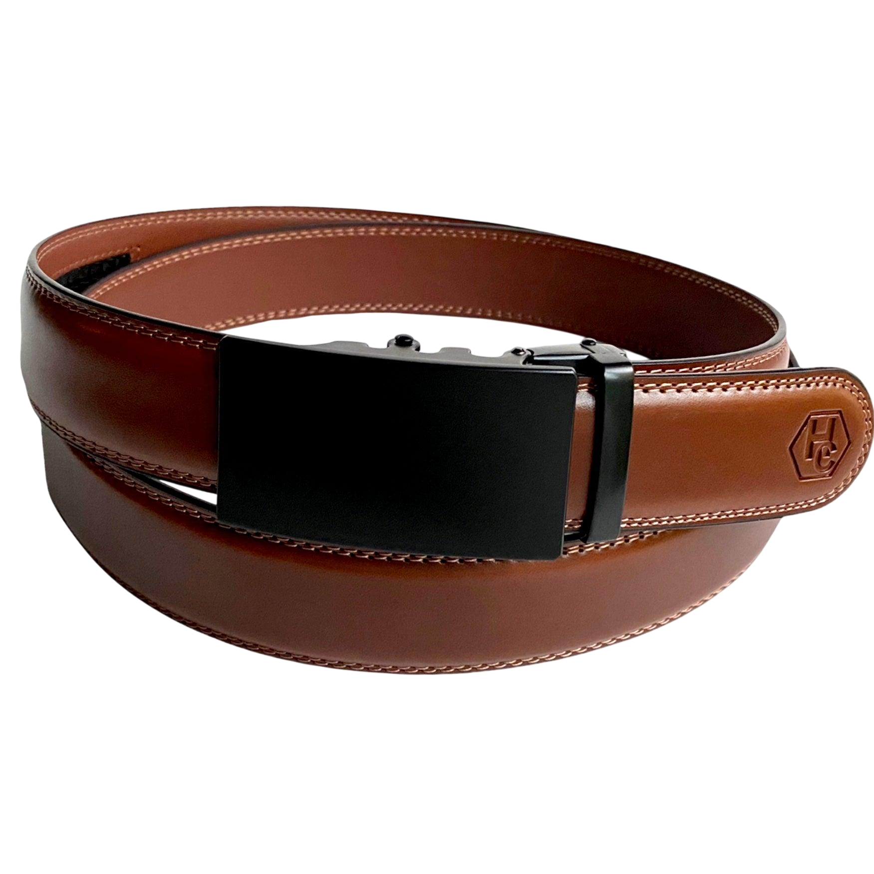 Brown leather ratchet belt with black plate buckle, front view