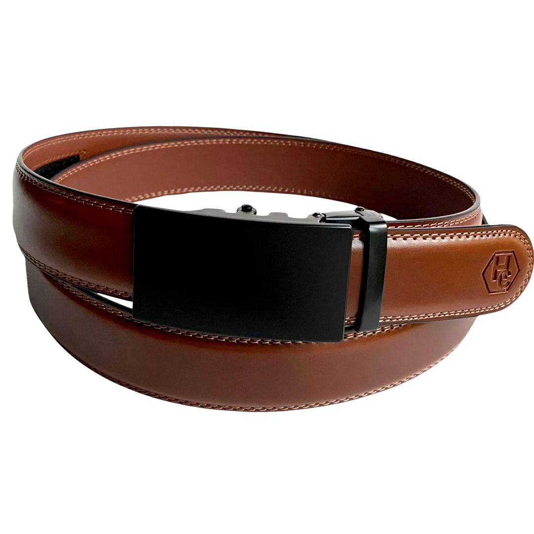 Brown leather ratchet belt with black plate buckle, front view