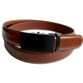 Brown leather ratchet belt with black plate buckle, front view