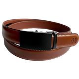 Brown leather ratchet belt with black plate buckle, front view