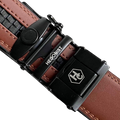 Brown leather ratchet belt with black plate buckle, hardware close-up