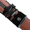 Brown leather ratchet belt with black plate buckle, hardware close-up