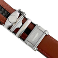 Brown leather dress ratchet belt with blue-gray buckle, buckle detail close-up