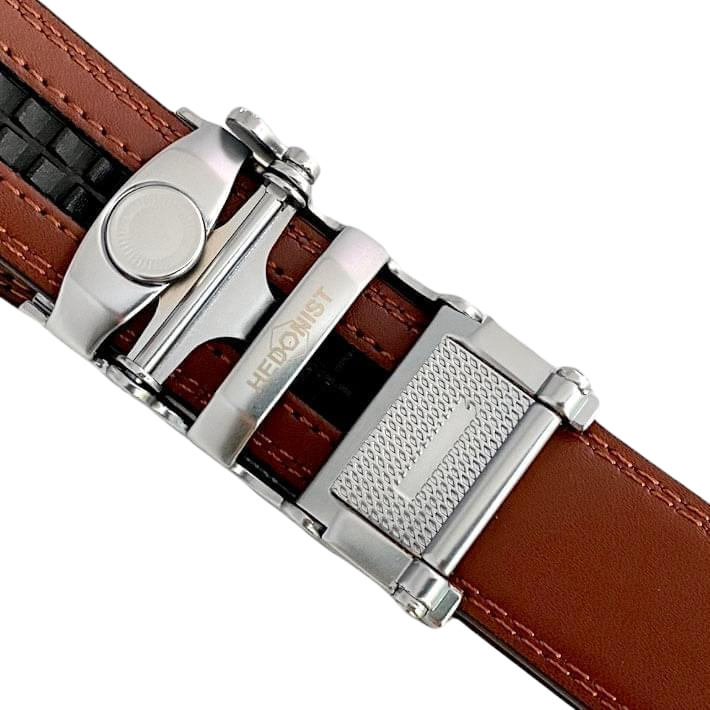 Brown leather dress ratchet belt with blue-gray buckle, buckle detail close-up