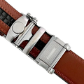 Brown leather dress ratchet belt with blue-gray buckle, buckle detail close-up