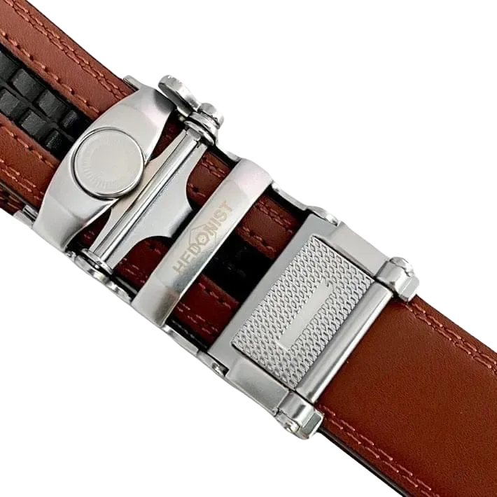 Brown leather dress ratchet belt with blue-gray buckle, buckle detail close-up
