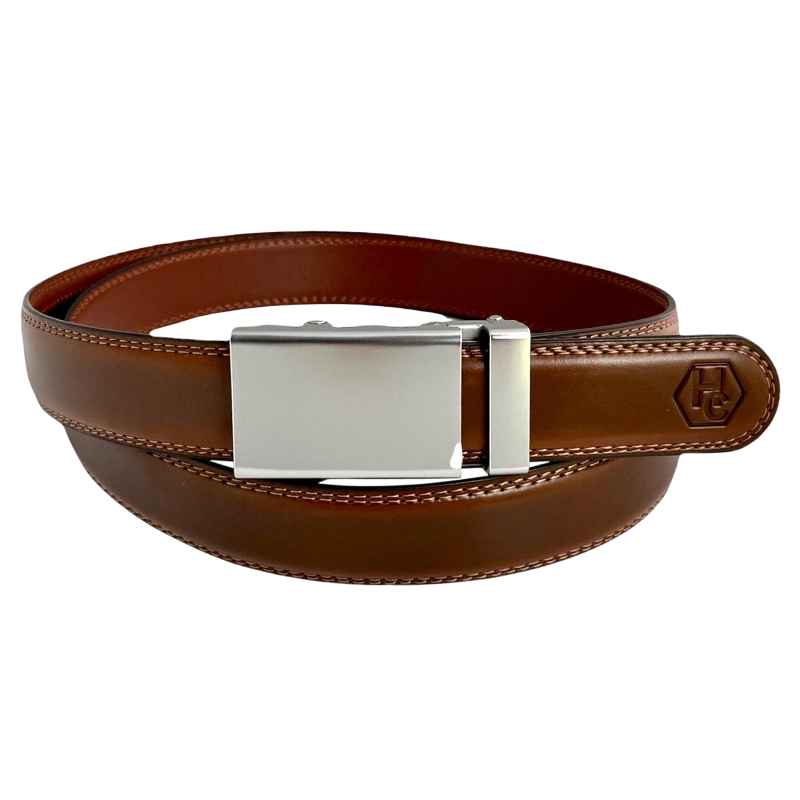 Brown leather dress ratchet belt with blue-gray buckle, front view