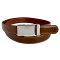 Brown leather dress ratchet belt with blue-gray buckle, front view