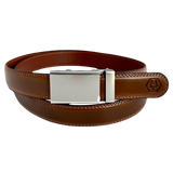Brown leather dress ratchet belt with blue-gray buckle, front view