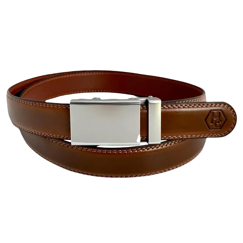 Brown leather dress ratchet belt with blue-gray buckle, front view