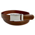 Brown leather dress ratchet belt with blue-gray buckle, front view