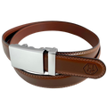 Brown leather dress ratchet belt with blue-gray buckle, hardware close-up