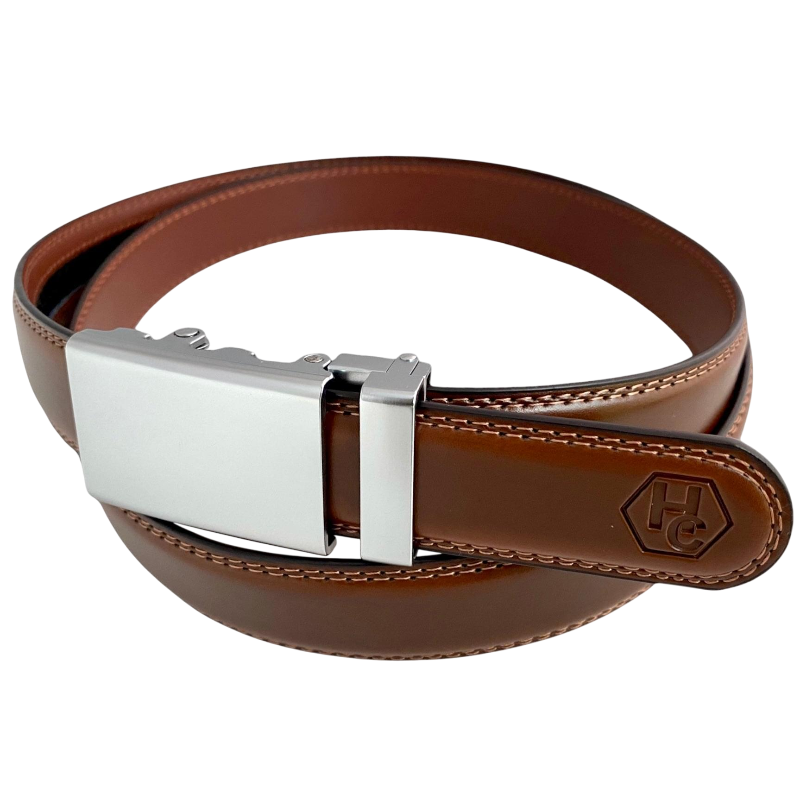 Brown leather dress ratchet belt with blue-gray buckle, hardware close-up