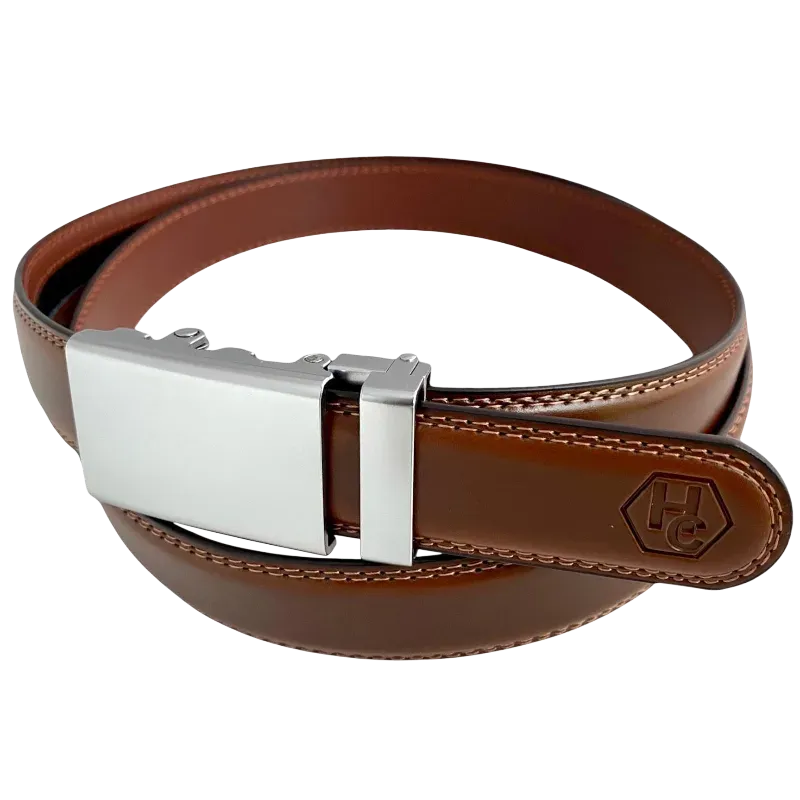 Brown leather dress ratchet belt with blue-gray buckle, hardware close-up