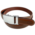 Brown leather dress ratchet belt with blue-gray buckle, hardware close-up