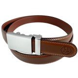 Brown leather dress ratchet belt with blue-gray buckle, hardware close-up