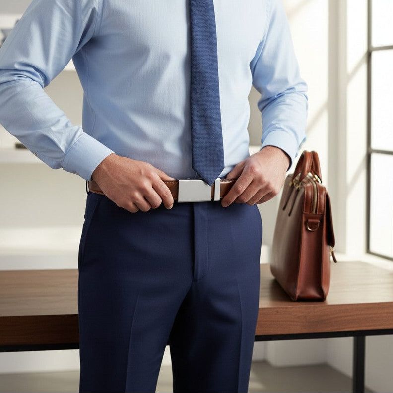 Man adjusting his belt in a professional setting with a briefcase on a table.