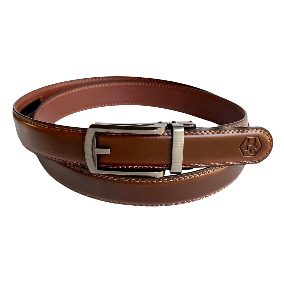 Brown top grain leather ratchet belt with brushed hollow buckle, front view