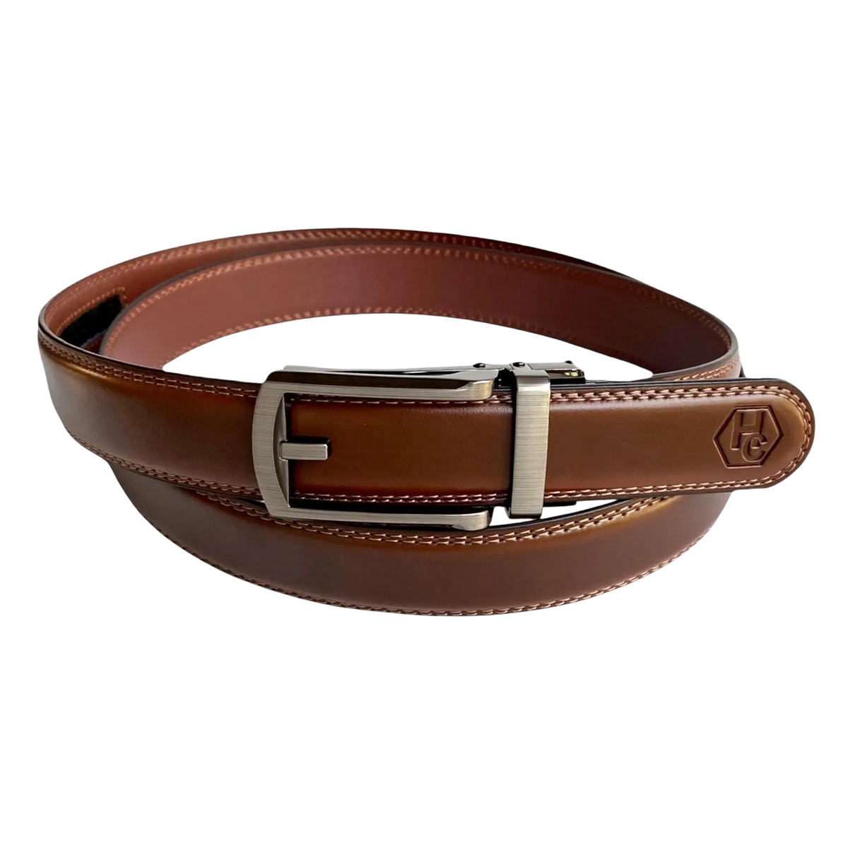 Brown top grain leather ratchet belt with brushed hollow buckle, front view