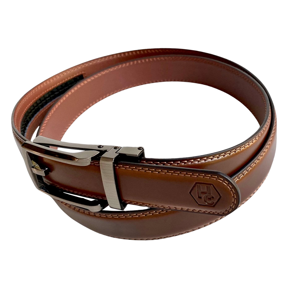 Brown top grain leather ratchet belt with brushed hollow buckle, side view