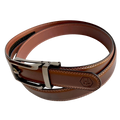 Brown top grain leather ratchet belt with brushed hollow buckle, side view