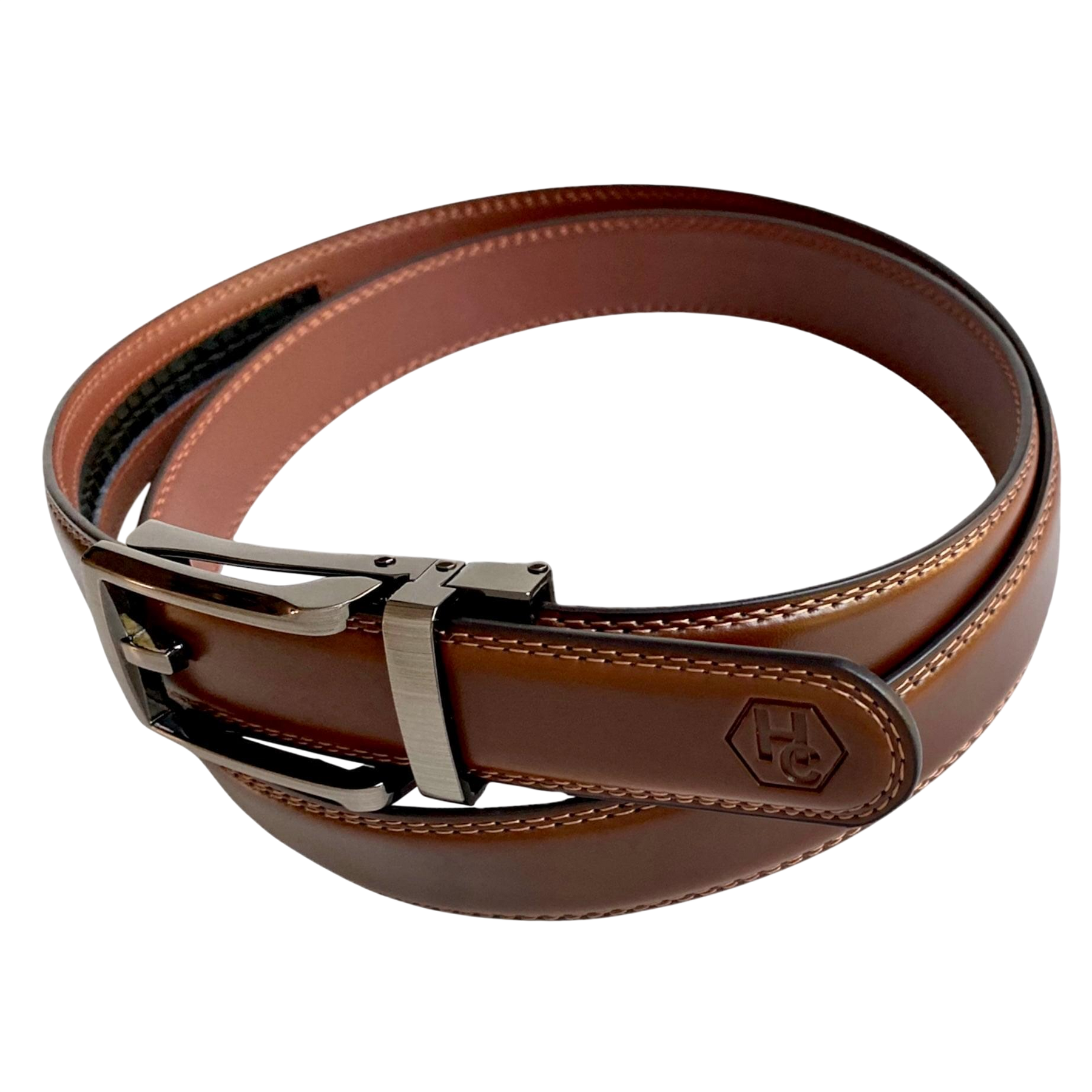 Brown top grain leather ratchet belt with brushed hollow buckle, side view