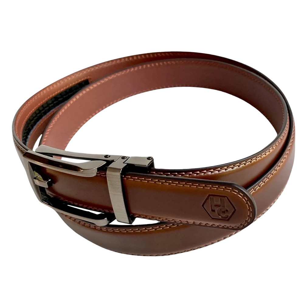 Brown top grain leather ratchet belt with brushed hollow buckle, side view