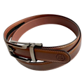 Brown top grain leather ratchet belt with brushed hollow buckle, side view