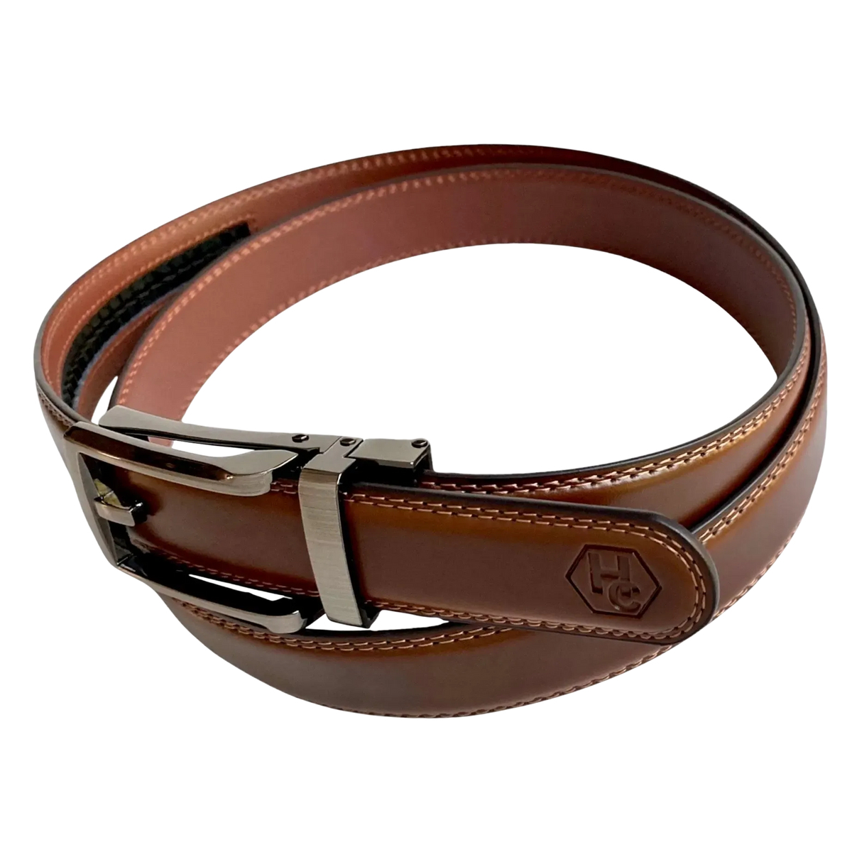 Brown top grain leather ratchet belt with brushed hollow buckle, side view