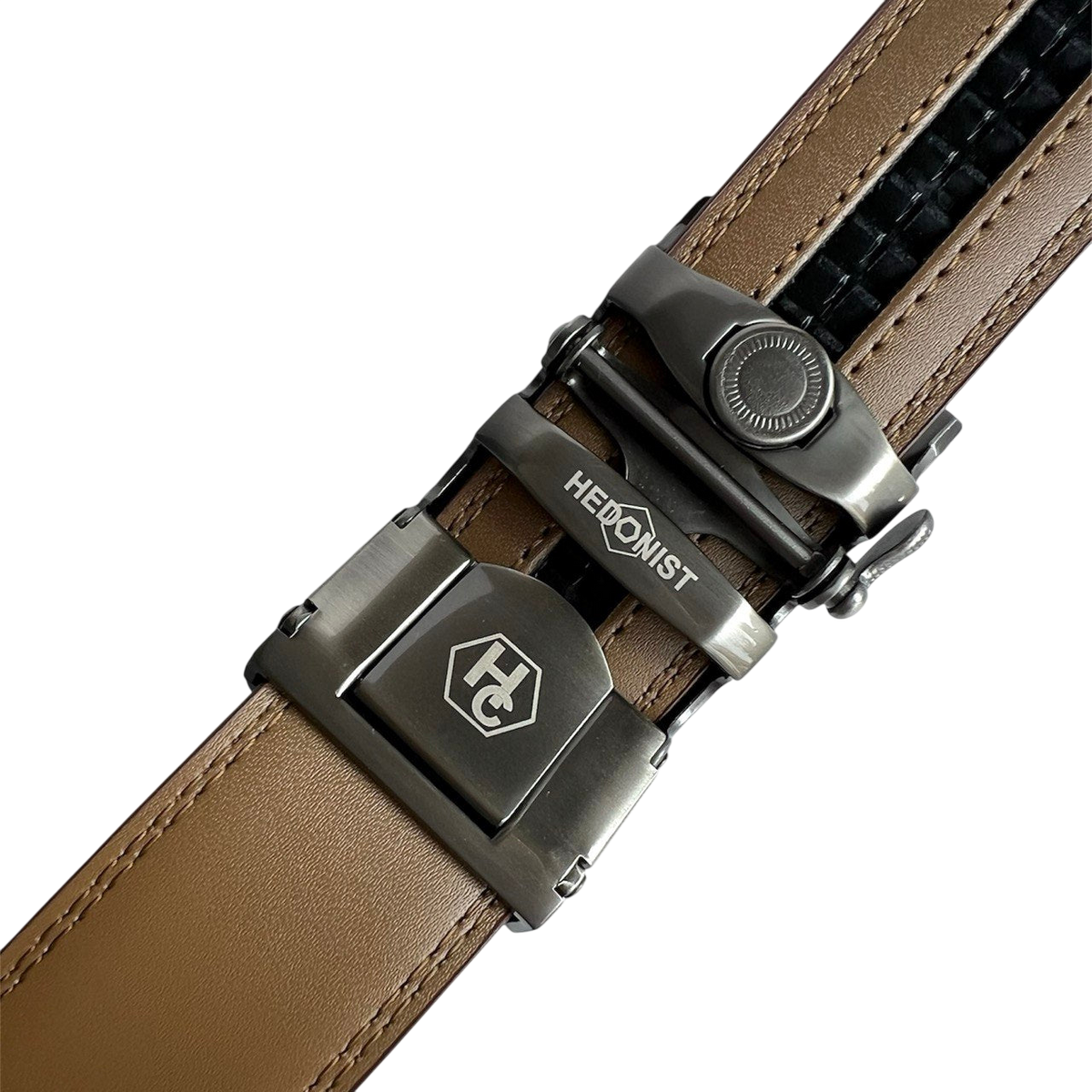 Brown leather ratchet belt with brushed silver plate buckle, 1.38 inch, buckle detail view