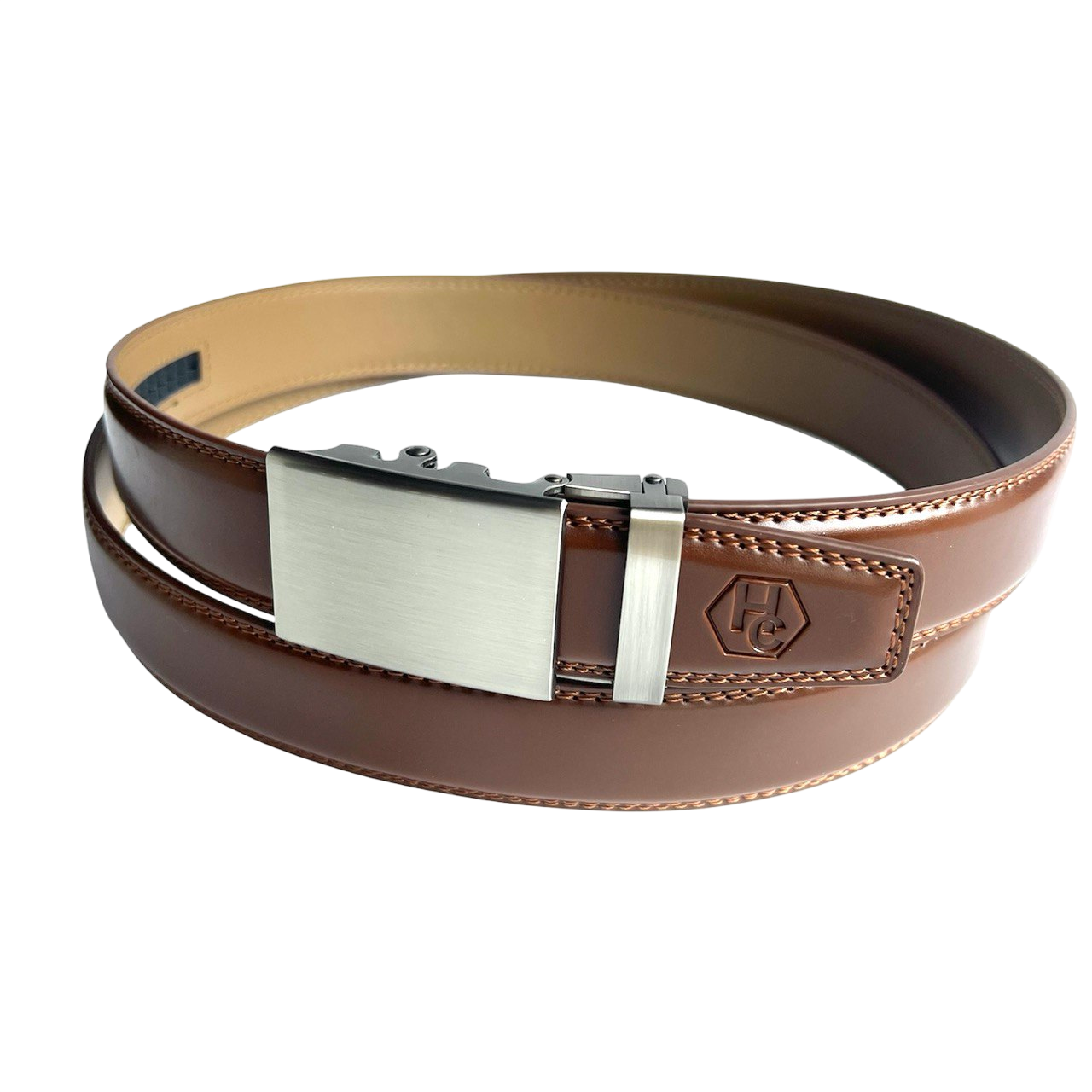 Brown leather ratchet belt with brushed silver plate buckle, 1.38 inch, close-up view
