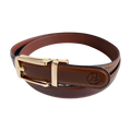 Brown leather dress ratchet belt with gold hollow buckle, buckle detail close-up