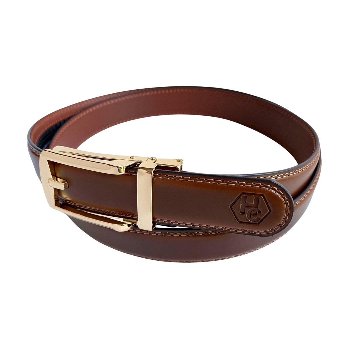 Brown leather dress ratchet belt with gold hollow buckle, buckle detail close-up