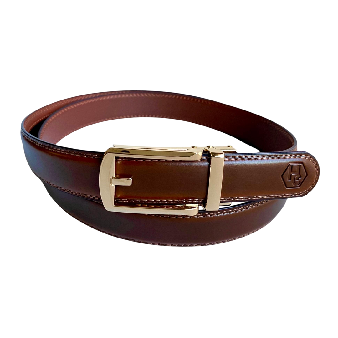 Brown leather dress ratchet belt with gold hollow buckle, front view