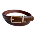 Brown leather dress ratchet belt with gold hollow buckle, front view
