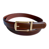 Brown leather dress ratchet belt with gold hollow buckle, front view