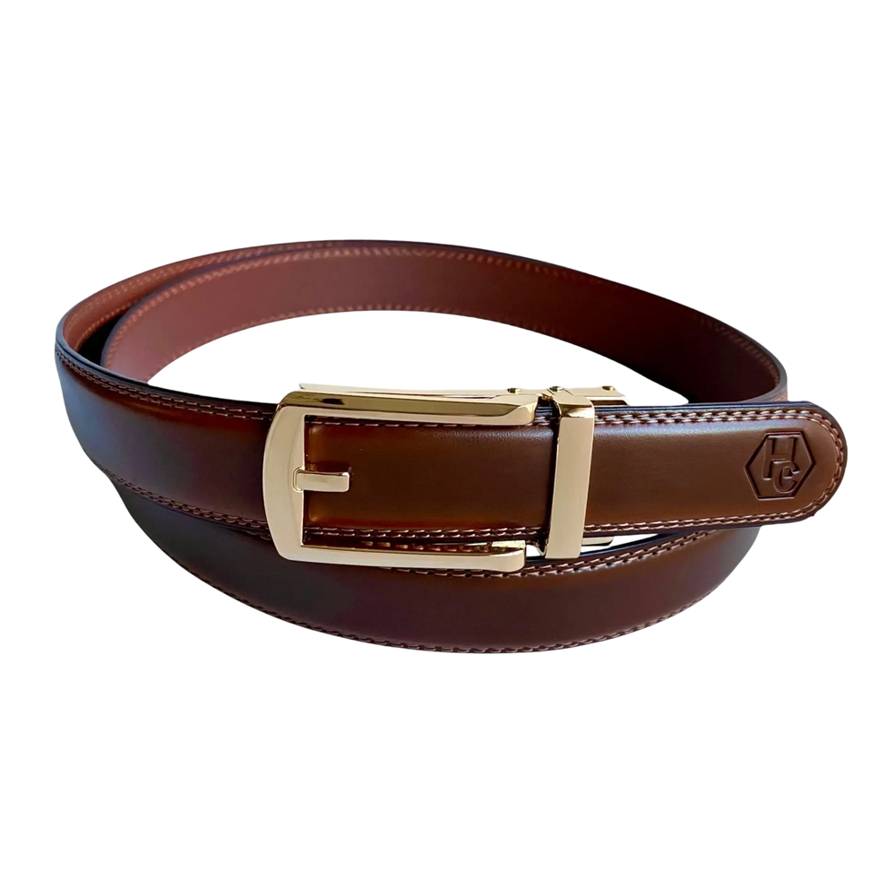 Brown leather dress ratchet belt with gold hollow buckle, front view